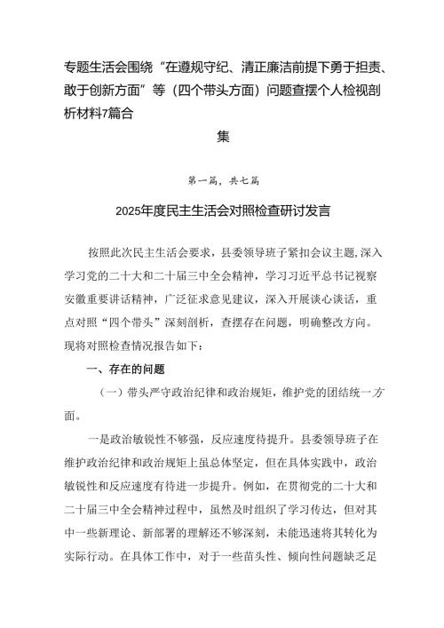 专题生活会围绕“在遵规守纪、清正廉洁前提下勇于担责、敢于创新方面”等（四个带头方面）问题查摆个人检视.docx