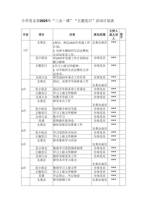 小学党支部2025年“三会一课”“主题党日”活动计划表.docx