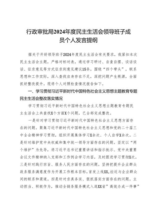 行政审批局2024年度民主生活会领导班子成员个人发言提纲.docx