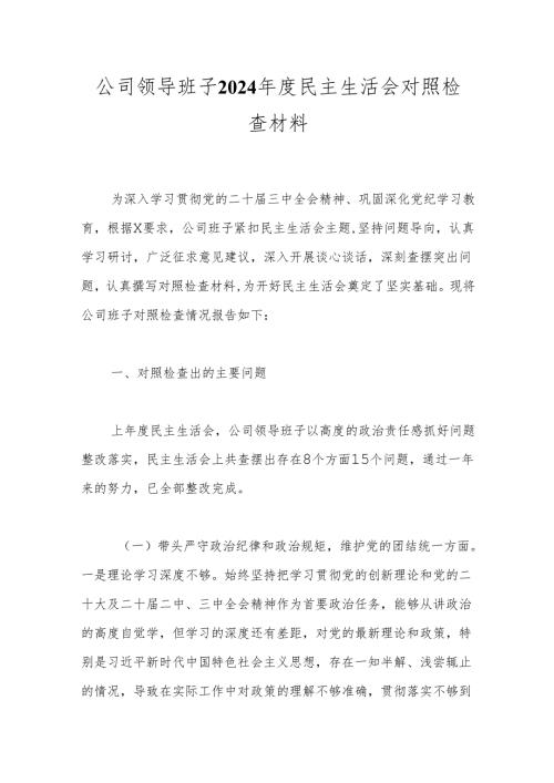 公司领导班子2024年度民主生活会对照检查材料.docx