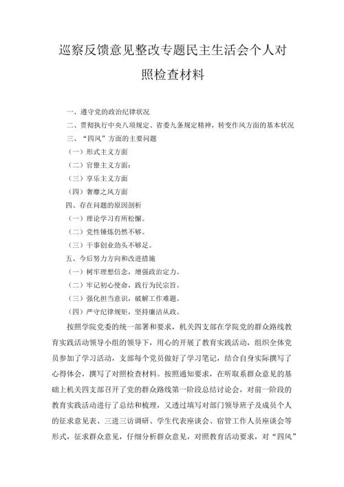 巡察反馈意见整改专题民主生活会 个人对照检查材料.docx