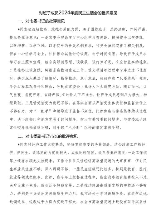 对班子成员2024年度民主生活会的批评意见.docx
