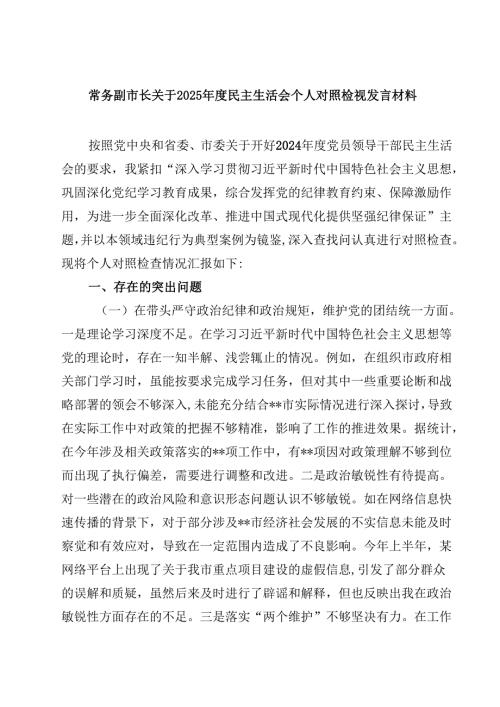 常务副市长关于2025年度民主生活会个人对照检视发言材料(四篇).docx