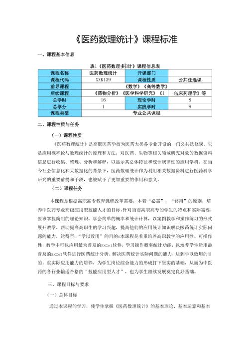 《医药数理统计》课程标准.docx
