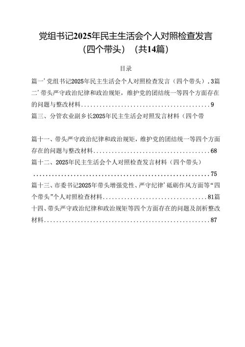 党组书记2025年民主生活会个人对照检查发言（四个带头）优选14篇.docx