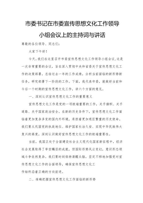 市委书记在市委宣传思想文化工作领导小组会议上的主持词与讲话.docx