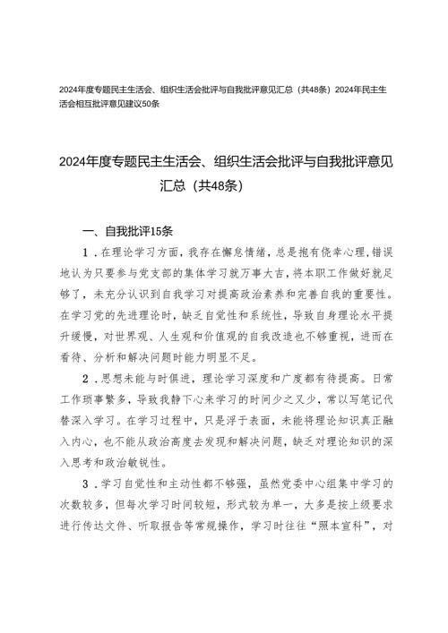 2024年度专题民主生活会、组织生活会批评与自我批评意见+民主生活会相互批评意见建议.docx