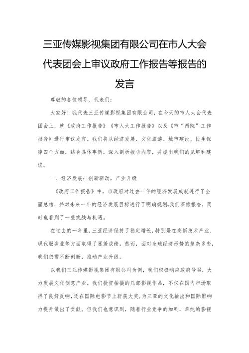 三亚传媒影视集团有限公司在市人大会代表团会上审议政府工作报告等报告的发言.docx