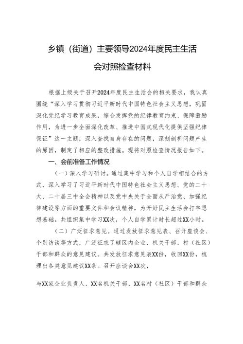乡镇（街道）主要领导2024年度民主生活会对照检查检视材料.docx