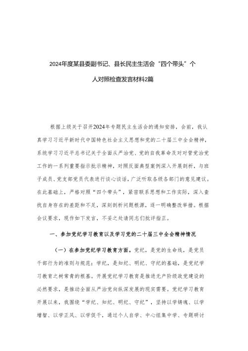 2024年度某县委副书记、县长民主生活会“四个带头”个人对照检查发言材料2篇.docx