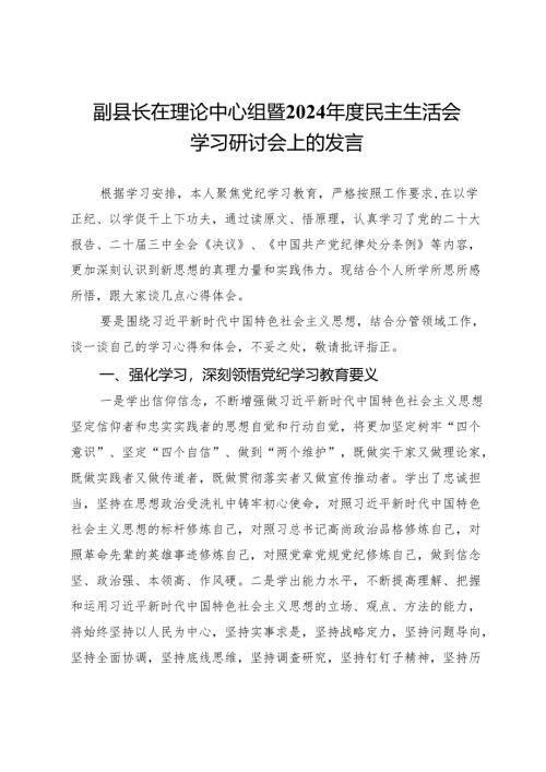 副县长在理论中心组暨2024年度民主生活会学习研讨会上的发言.docx