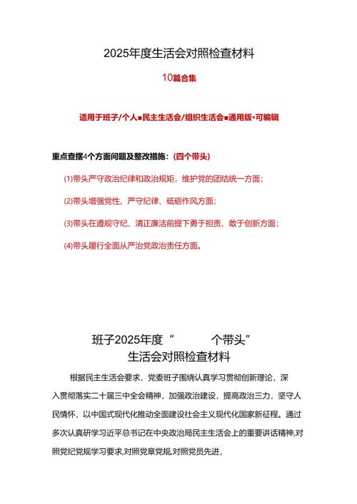 班子2025年民主生活会个人检查材料“四个带头”_十篇合集.docx