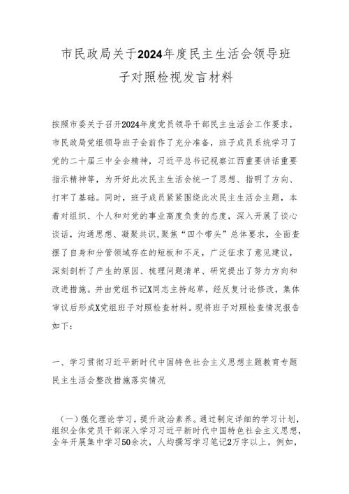 市民政局关于2024年度民主生活会领导班子对照检视发言材料.docx