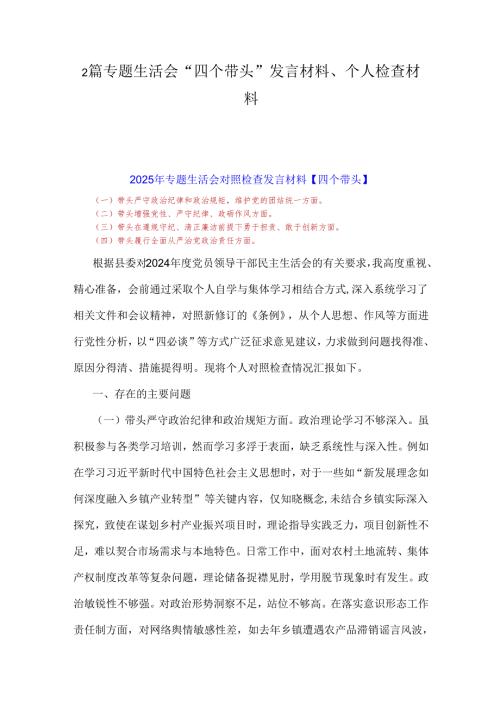 2篇专题生活会“四个带头”发言材料、个人检查材料.docx