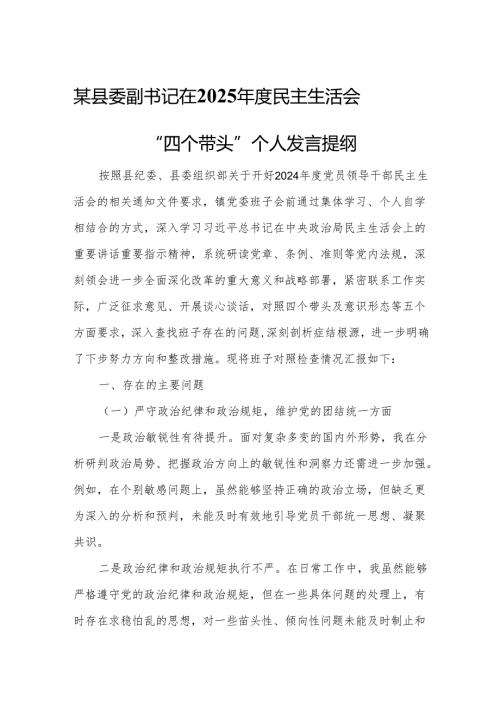 某县委副书记在2025年度民主生活会“四个带头”个人发言提纲.docx