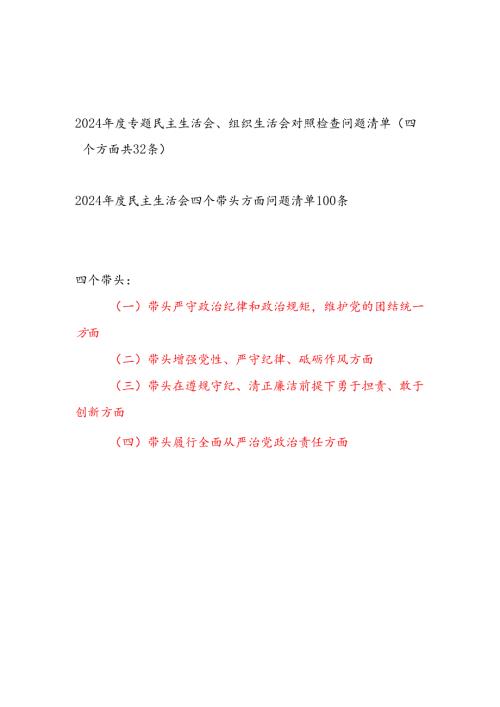 2024年度专题民主生活会组织生活会四个带头对照检查问题清单132条.docx