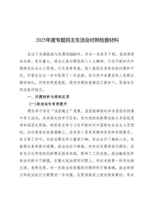 2025年度民主生活会对照检查材料精选两篇合辑.docx
