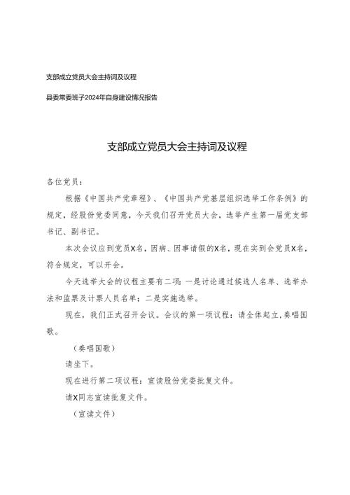 支部成立党员大会主持词及议程+县委常委班子2024年自身建设情况报告.docx