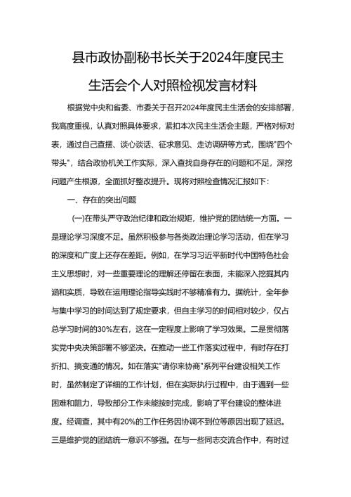 县市政协副秘书长关于2024年度民主生活会个人对照检视发言材料.docx