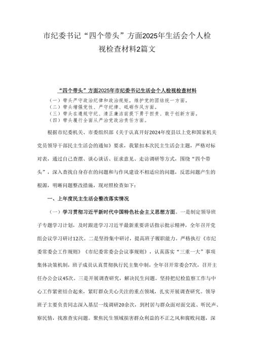 市纪委书记“四个带头”方面2025年生活会个人检视检查材料2篇文.docx