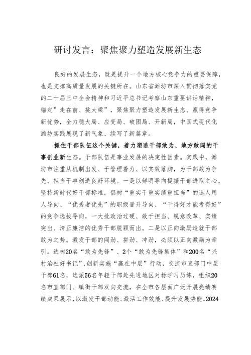 研讨发言：聚焦聚力塑造发展新生态.docx
