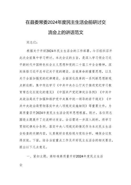 在县委常委2024年度民主生活会前研讨交流会上的讲话范文.docx