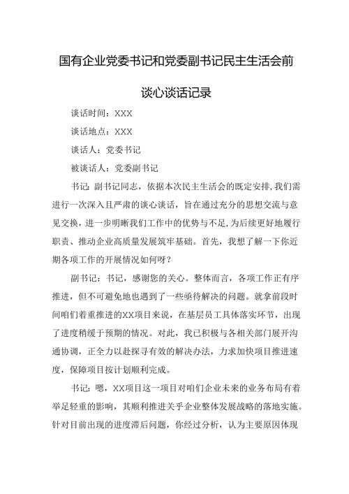 国有企业党委书记和党委副书记民主生活会前谈心谈话记录.docx