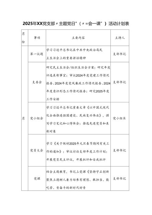 2025年XX党支部“主题党日”(“三会一课”）活动计划表.docx