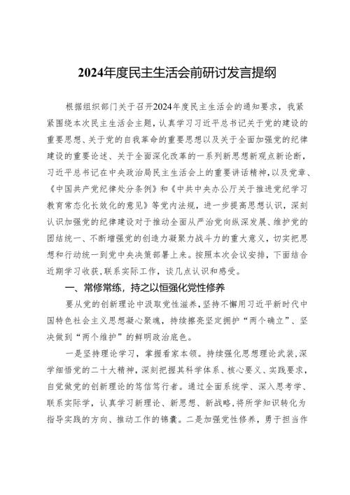 2024年度民主生活会前研讨发言提纲.docx