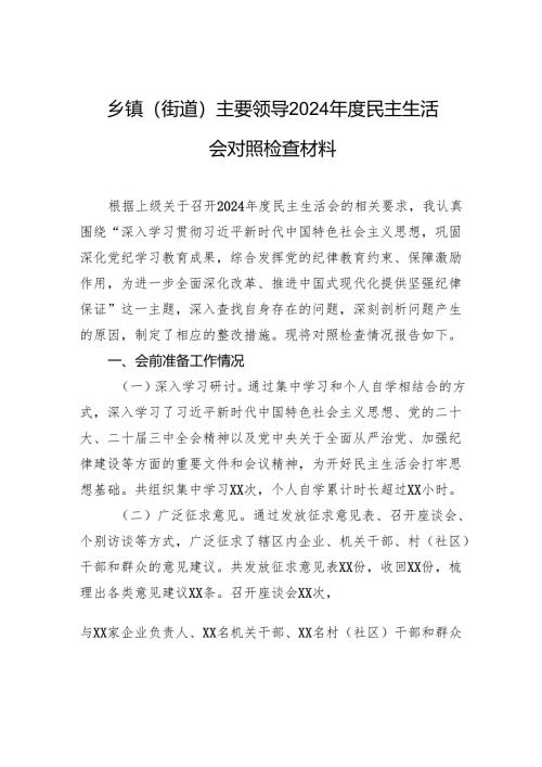 乡镇（街道）主要领导2024年度民主生活会对照检查发言材料.docx