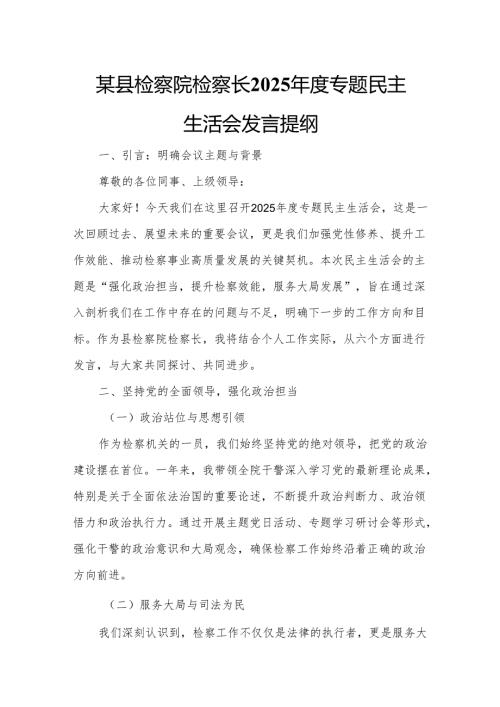 某县检察院检察长2025年度专题民主生活会发言提纲.docx