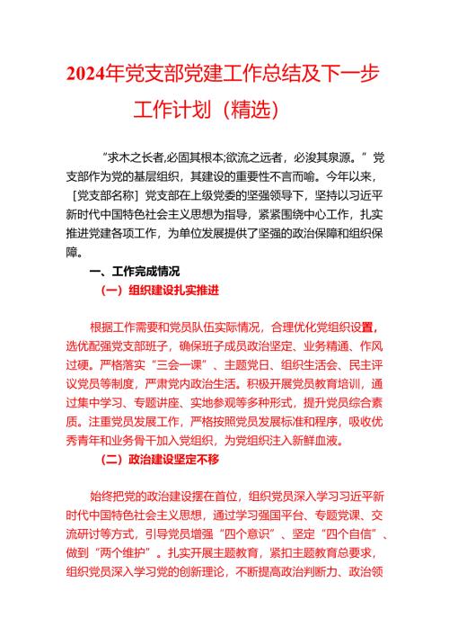 2024 年党支部党建工作总结及下一步工作计划（精选）.docx