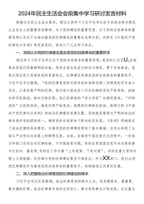2024年民主生活会会前集中学习研讨发言材料.docx