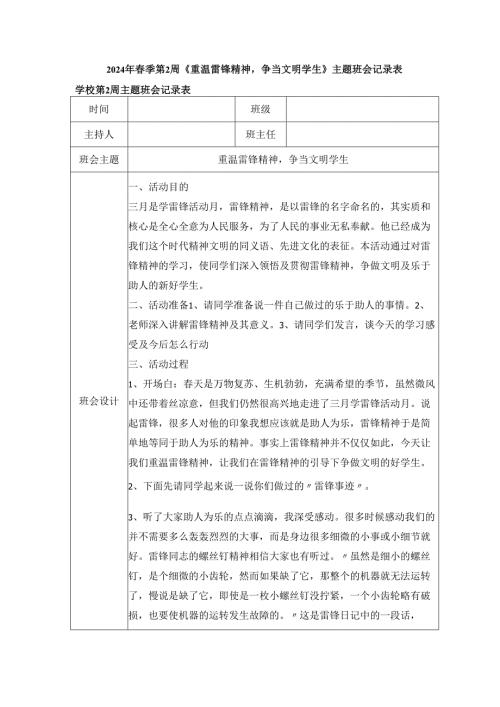 2024年春季第2周《重温雷锋精神争当文明学生》主题班会记录表.docx