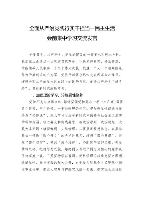 全面从严治党践行实干担当——民主生活会前集中学习交流发言.docx