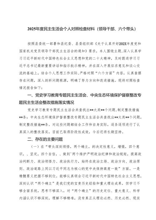 2025年度民主生活会个人对照检查材料（领导干部、六个带头）四篇（详细版）.docx