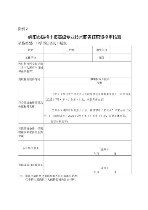 附件2-绵阳市破格申报高级专业技术职务任职资格审核表.docx
