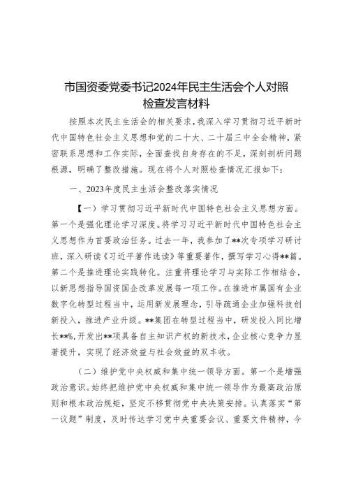 市国资委党委书记2024年民主生活会个人对照检查发言材料.docx