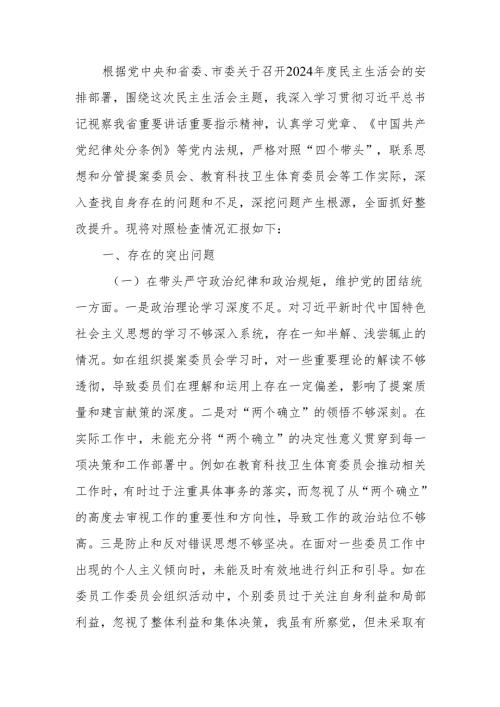 政协副主席2024年度民主生活个人四个带头检查材料发言材料范文两篇.docx