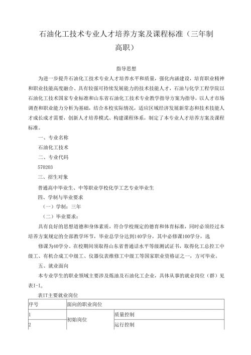 石油化工技术专业人才培养方案及课程标准（三年制高职）.docx