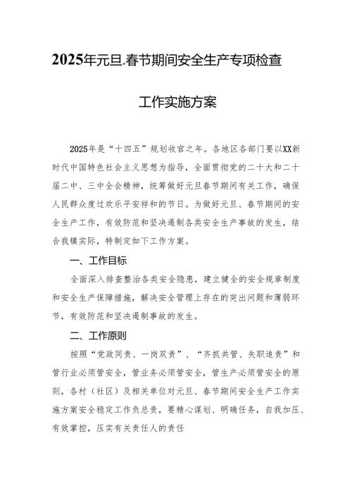 2025年开展《元旦、春节期间安全生产专项检查》工作实施方案 汇编3份.docx
