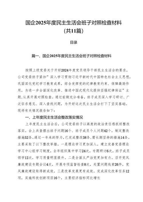 国企2025年度民主生活会班子对照检查材料11篇（详细版）.docx