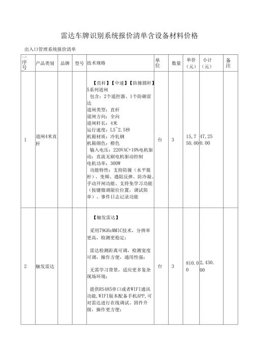 雷达车牌识别系统报价清单含设备材料价格.docx