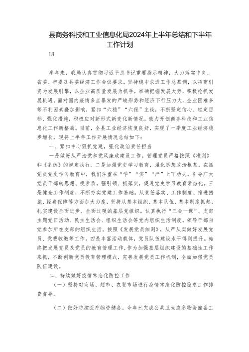 县商务科技和工业信息化局2024年上半年总结和下半年工作计划.docx