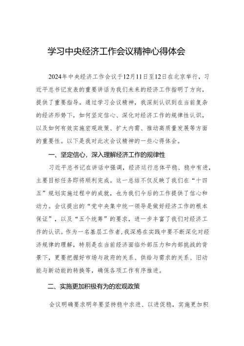 五篇学习贯彻2024年中央经济工作会议精神心得体会发言稿.docx