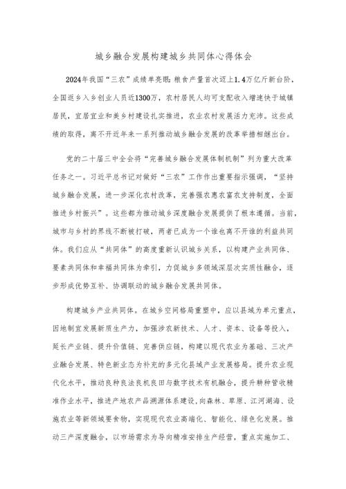 城乡融合发展构建城乡共同体心得体会.docx