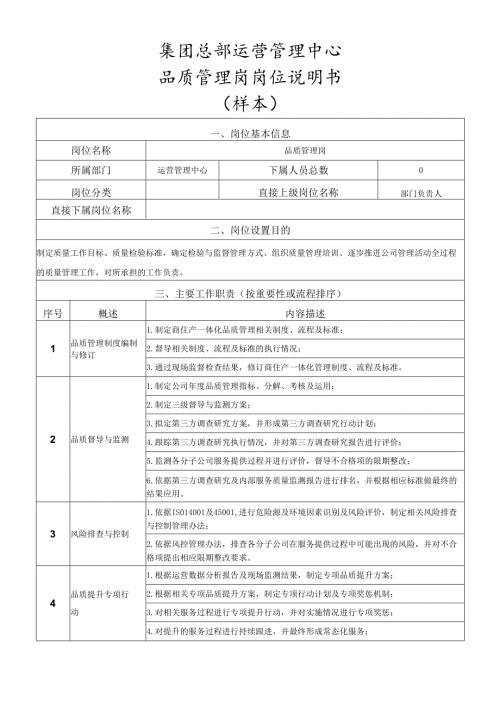 岗位说明书-运营管理中心-品质管理岗（经理）.docx