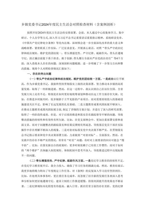 乡镇党委书记2024年度民主生活会对照检查材料（含案例剖析）.docx