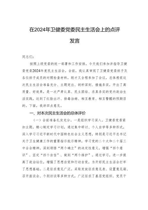 在2024年卫健委党委民主生活会上的点评发言.docx