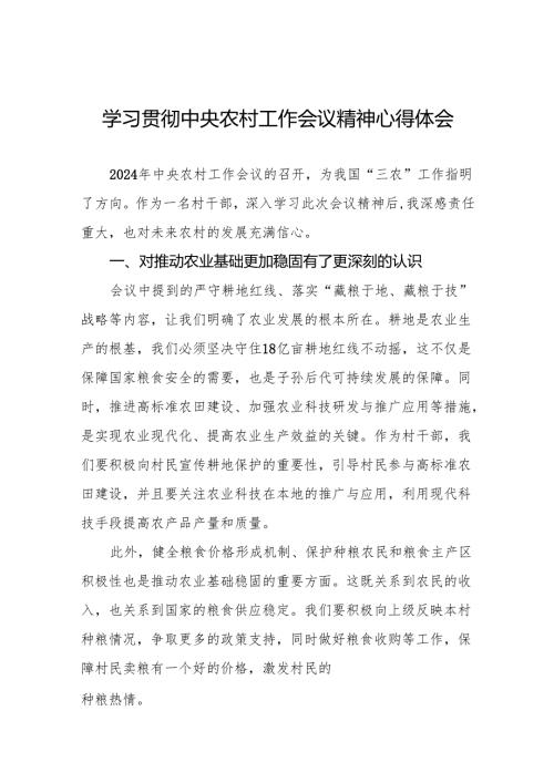 两篇村干部学习贯彻2024年中央农村工作会议精神心得体会交流发言.docx